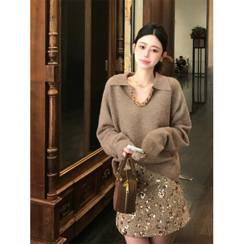 法式V領重工亮片咖色毛衣女款2025新款秋冬季獨特漂亮針織衫上衣