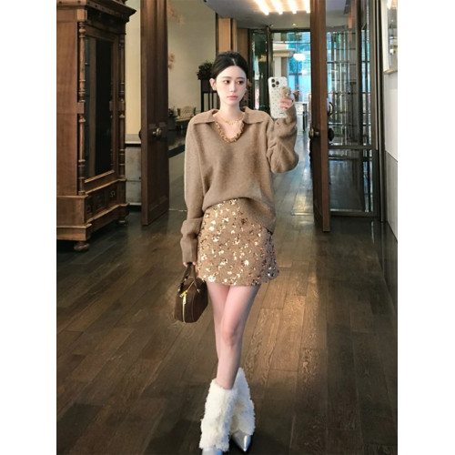 法式V領重工亮片咖色毛衣女款2025新款秋冬季獨特漂亮針織衫上衣