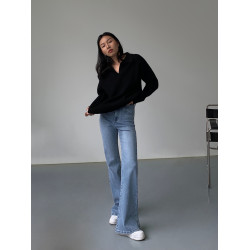 NEVA HU黑色polo領套頭毛衣女外穿秋季韓版寬鬆休閒慵懶針織上衣