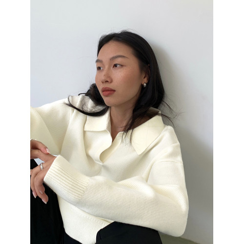 NEVA HU黑色polo領套頭毛衣女外穿秋季韓版寬鬆休閒慵懶針織上衣