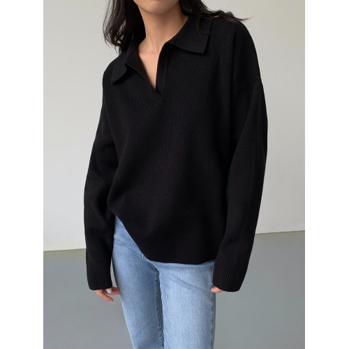 NEVA HU黑色polo領套頭毛衣女外穿秋季韓版寬鬆休閒慵懶針織上衣