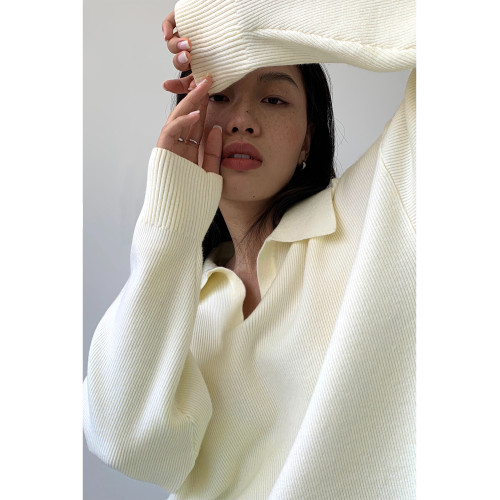 NEVA HU黑色polo領套頭毛衣女外穿秋季韓版寬鬆休閒慵懶針織上衣