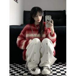 紅色條紋軟糯高級感馬海毛毛衣女寬松慵懶風愛心胸針秋冬針織上衣
