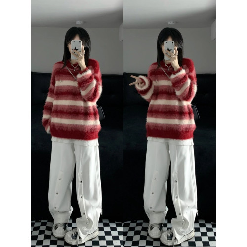 紅色條紋軟糯高級感馬海毛毛衣女寬松慵懶風愛心胸針秋冬針織上衣