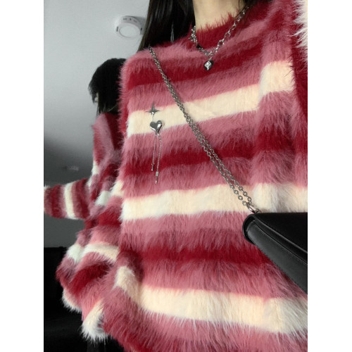 紅色條紋軟糯高級感馬海毛毛衣女寬松慵懶風愛心胸針秋冬針織上衣