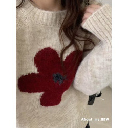 韓系花朵提花圓領毛衣女2025秋冬寬松洋氣短款套頭毛針織衫上衣潮