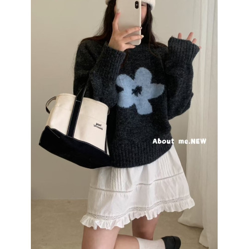 韓系花朵提花圓領毛衣女2025秋冬寬松洋氣短款套頭毛針織衫上衣潮