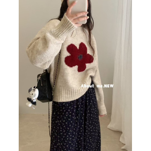 韓系花朵提花圓領毛衣女2025秋冬寬松洋氣短款套頭毛針織衫上衣潮