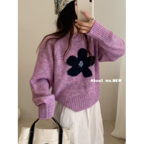 韓系花朵提花圓領毛衣女2025秋冬寬松洋氣短款套頭毛針織衫上衣潮