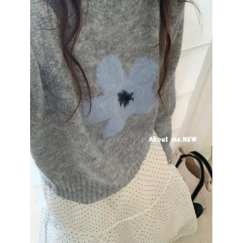 韓系花朵提花圓領毛衣女2025秋冬寬松洋氣短款套頭毛針織衫上衣潮