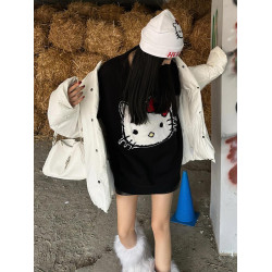 美式慵懶毛衣女秋冬季新款HelloKitty圓領休閒針織衫黑色軟糯上衣