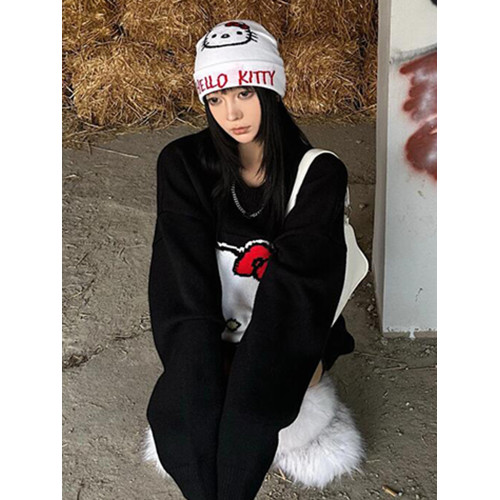 美式慵懶毛衣女秋冬季新款HelloKitty圓領休閒針織衫黑色軟糯上衣