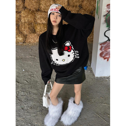 美式慵懶毛衣女秋冬季新款HelloKitty圓領休閒針織衫黑色軟糯上衣