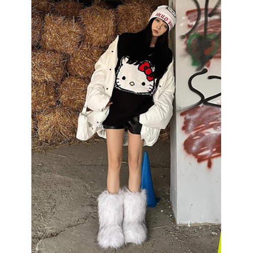 美式慵懶毛衣女秋冬季新款HelloKitty圓領休閒針織衫黑色軟糯上衣