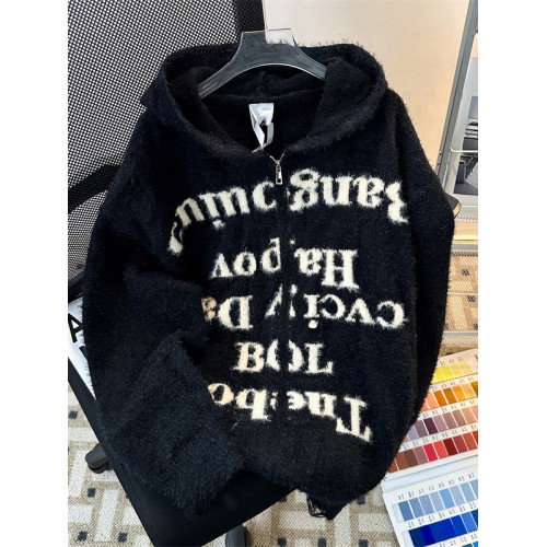 字母破洞連帽開衫毛衣男秋冬季vintage慵懶情侶寬松美式針織外套