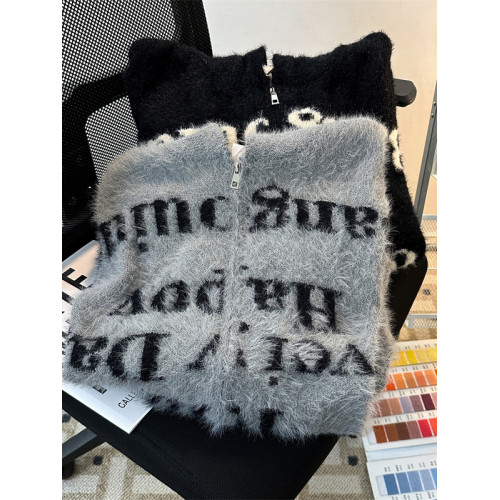 字母破洞連帽開衫毛衣男秋冬季vintage慵懶情侶寬松美式針織外套