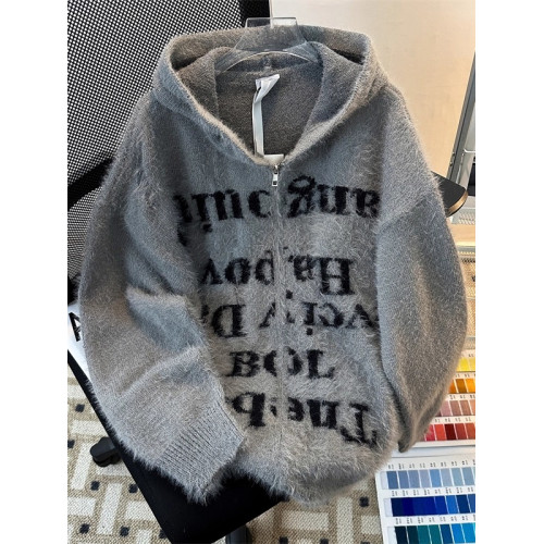 字母破洞連帽開衫毛衣男秋冬季vintage慵懶情侶寬松美式針織外套