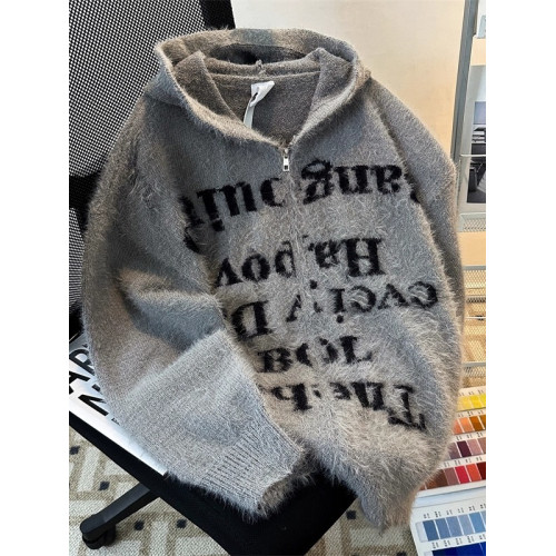 字母破洞連帽開衫毛衣男秋冬季vintage慵懶情侶寬松美式針織外套