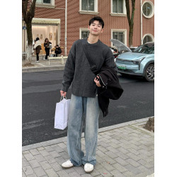 深灰色圓領毛衣男冬季韓系穿搭慵懶軟糯針織衫cleanfit內搭打底衫