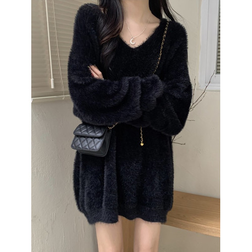 2023年新款中長款毛衣女遮屁股秋冬仿貂絨軟糯慵懶寬松長袖針織衫