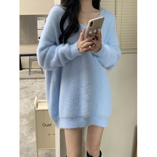 2023年新款中長款毛衣女遮屁股秋冬仿貂絨軟糯慵懶寬松長袖針織衫