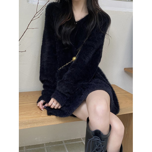 2023年新款中長款毛衣女遮屁股秋冬仿貂絨軟糯慵懶寬松長袖針織衫