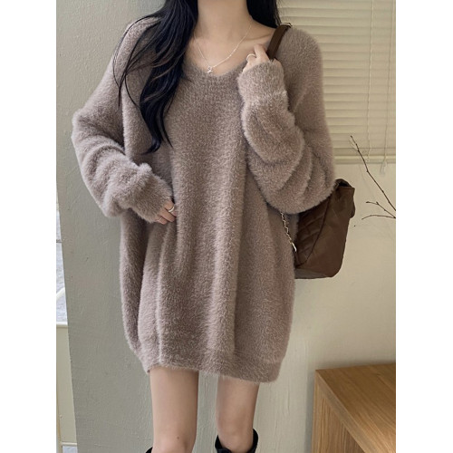 2023年新款中長款毛衣女遮屁股秋冬仿貂絨軟糯慵懶寬松長袖針織衫