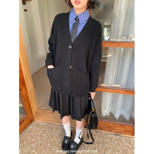 PPHOME自製~miu系乖乖女 加厚粗針毛衣外套開衫+毛呢百褶半身裙女
