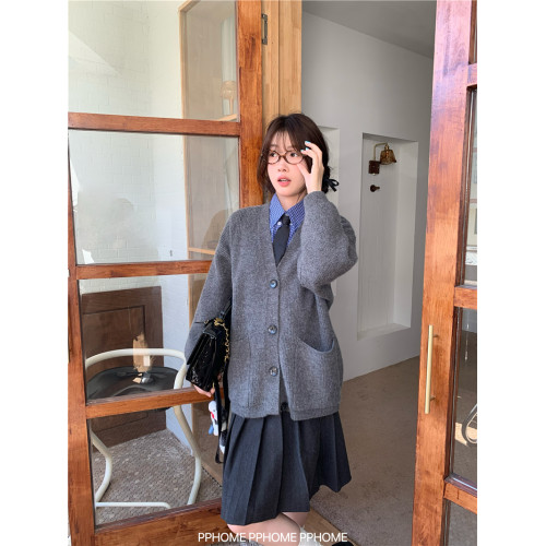 PPHOME自製~miu系乖乖女 加厚粗針毛衣外套開衫+毛呢百褶半身裙女