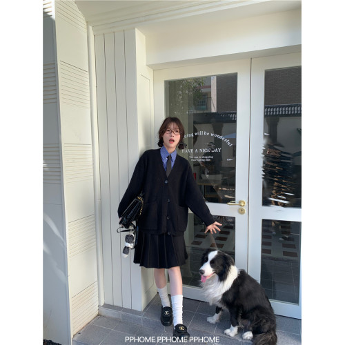 PPHOME自製~miu系乖乖女 加厚粗針毛衣外套開衫+毛呢百褶半身裙女