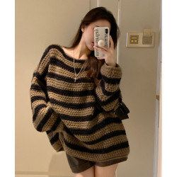 歐貨慵懶風一字領條紋加厚針織衫女秋冬新款寬松復古長袖毛衣上衣