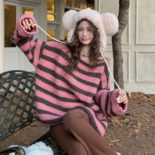 歐貨慵懶風一字領條紋加厚針織衫女秋冬新款寬松復古長袖毛衣上衣