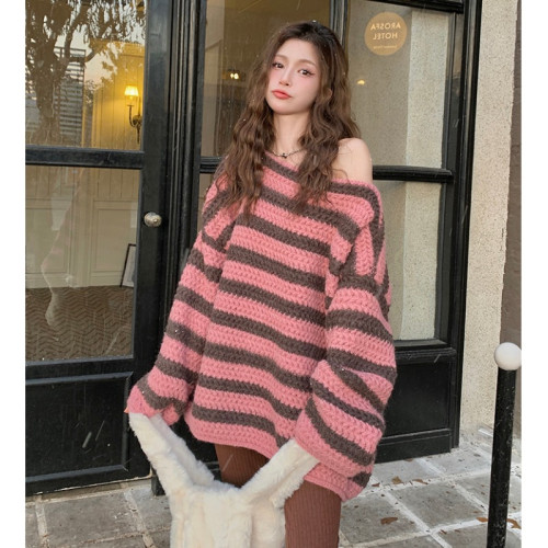 歐貨慵懶風一字領條紋加厚針織衫女秋冬新款寬松復古長袖毛衣上衣