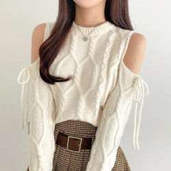 韓國chic秋冬聖誕氛圍感設計感露肩小心機蝴蝶結綁帶麻花長袖毛衣