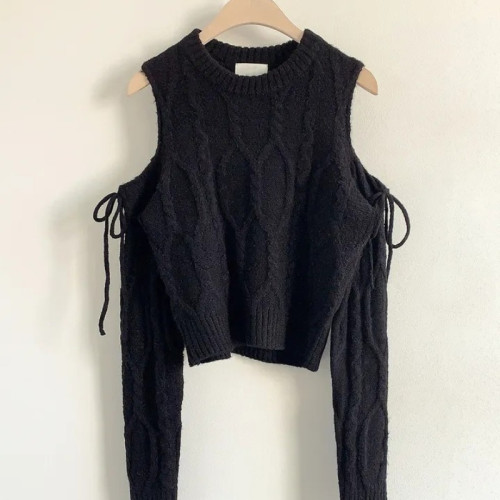 韓國chic秋冬聖誕氛圍感設計感露肩小心機蝴蝶結綁帶麻花長袖毛衣