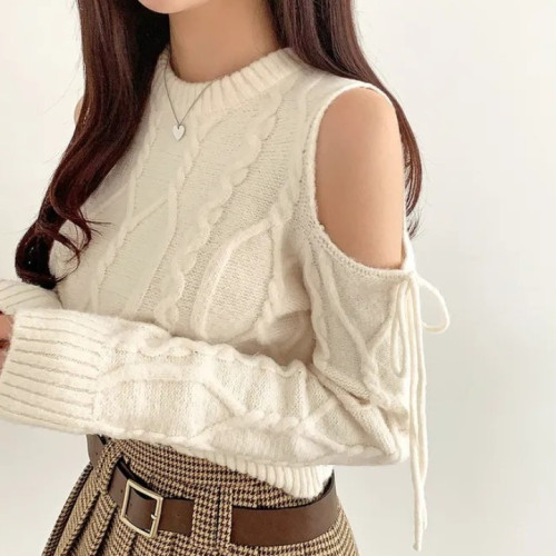 韓國chic秋冬聖誕氛圍感設計感露肩小心機蝴蝶結綁帶麻花長袖毛衣