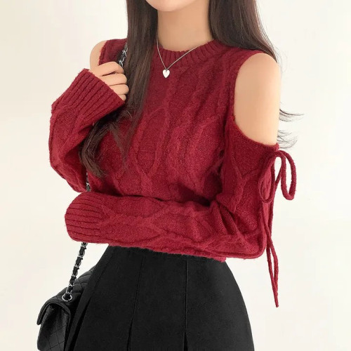 韓國chic秋冬聖誕氛圍感設計感露肩小心機蝴蝶結綁帶麻花長袖毛衣