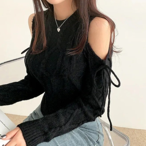 韓國chic秋冬聖誕氛圍感設計感露肩小心機蝴蝶結綁帶麻花長袖毛衣