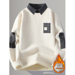 襯衫領一體絨毛衣男秋冬款加絨加厚假兩件長袖襯衣潮牌打底針織衫