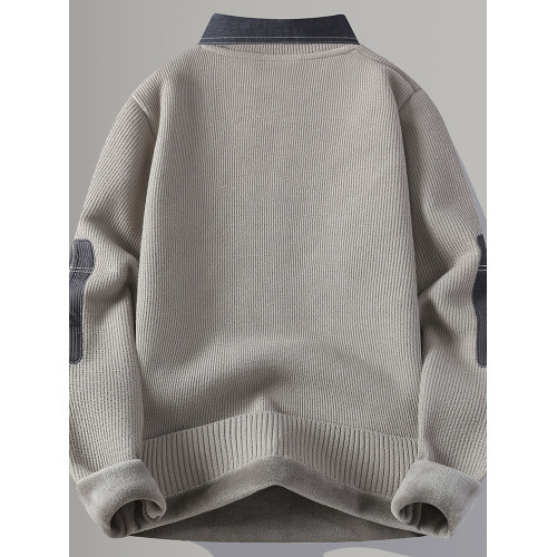 襯衫領一體絨毛衣男秋冬款加絨加厚假兩件長袖襯衣潮牌打底針織衫