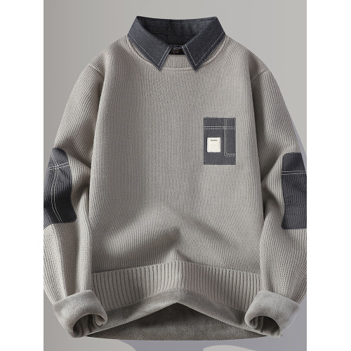 襯衫領一體絨毛衣男秋冬款加絨加厚假兩件長袖襯衣潮牌打底針織衫