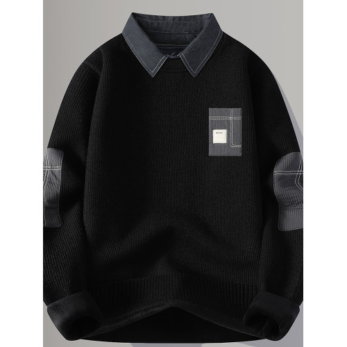 襯衫領一體絨毛衣男秋冬款加絨加厚假兩件長袖襯衣潮牌打底針織衫