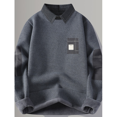 襯衫領一體絨毛衣男秋冬款加絨加厚假兩件長袖襯衣潮牌打底針織衫