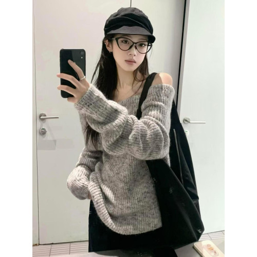 韓系松弛感慵懶風一字肩毛衣女秋冬2025新款高級感軟糯針織衫上衣