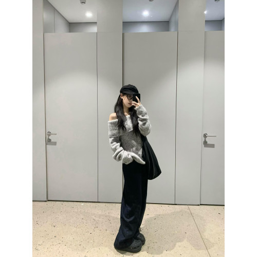 韓系松弛感慵懶風一字肩毛衣女秋冬2025新款高級感軟糯針織衫上衣