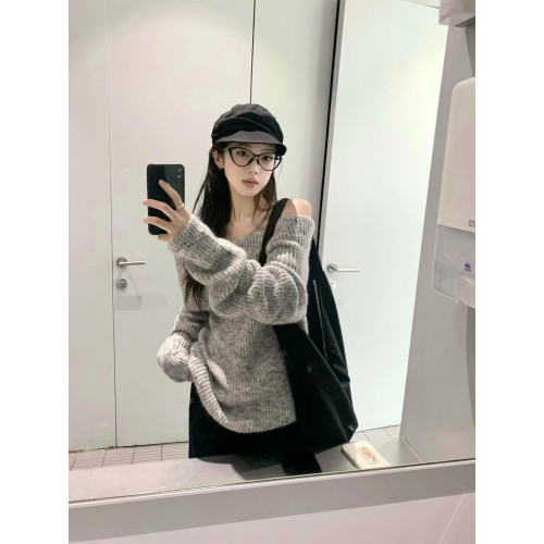 韓系松弛感慵懶風一字肩毛衣女秋冬2025新款高級感軟糯針織衫上衣