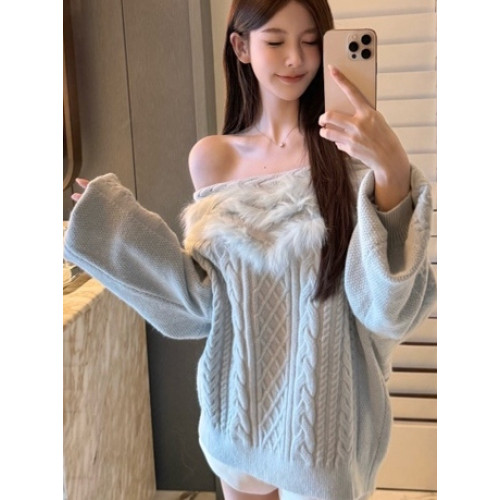 韓系一字肩毛毛領麻花套頭毛衣女秋冬巨好看慵懶氣質純欲寬松上衣