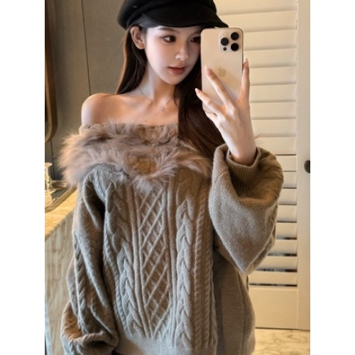 韓系一字肩毛毛領麻花套頭毛衣女秋冬巨好看慵懶氣質純欲寬松上衣