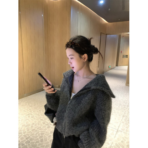 黑奶酪 BLACK~冬季老錢風慵懶厚實立領拉鍊毛衣外套翻領開衫