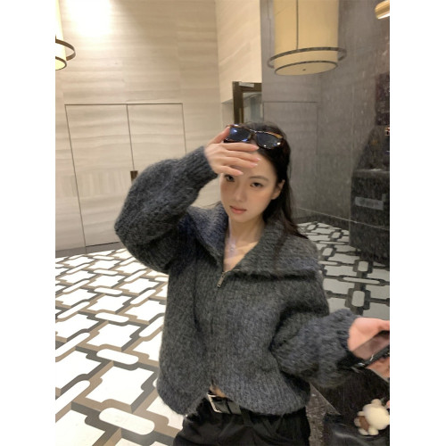 黑奶酪 BLACK~冬季老錢風慵懶厚實立領拉鍊毛衣外套翻領開衫